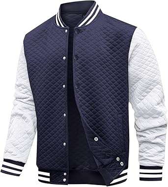 Navy and White Quilted Varsity Jacket